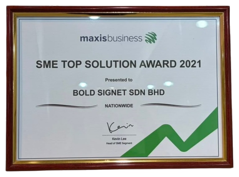 Framed SME Top Solution Award 2021 certificate presented to BOLD SIGNET SDN BHD