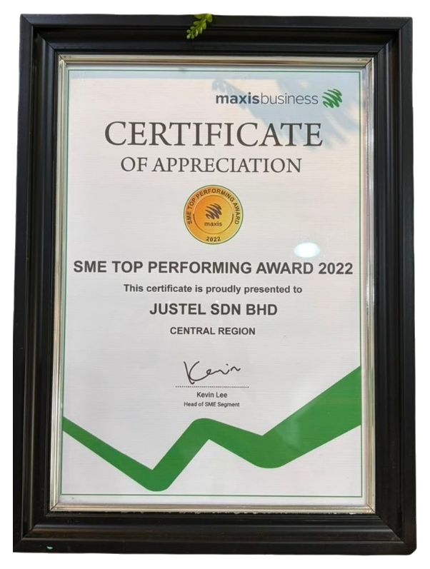 Framed SME Top Performing Award 2022 certificate presented to JUSTEL SDN BHD, Central Region
